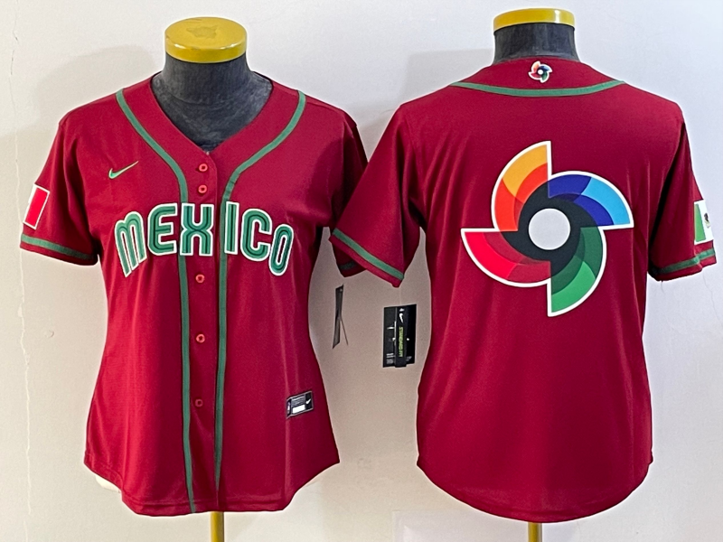 Women's Mexico Baseball 2023 Red Big Logo World Baseball Classic Stitched Jersey(Run Small) Women's Mexico Baseball 2023 Red Big Logo World Baseball Classic Stitched Jersey(Run Small)